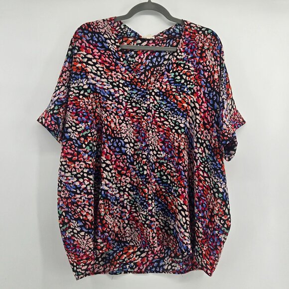 JODIFL Abstract Print Short Sleeve Flowy V Neck Blouse - L Multi Color - Picture 1 of 5